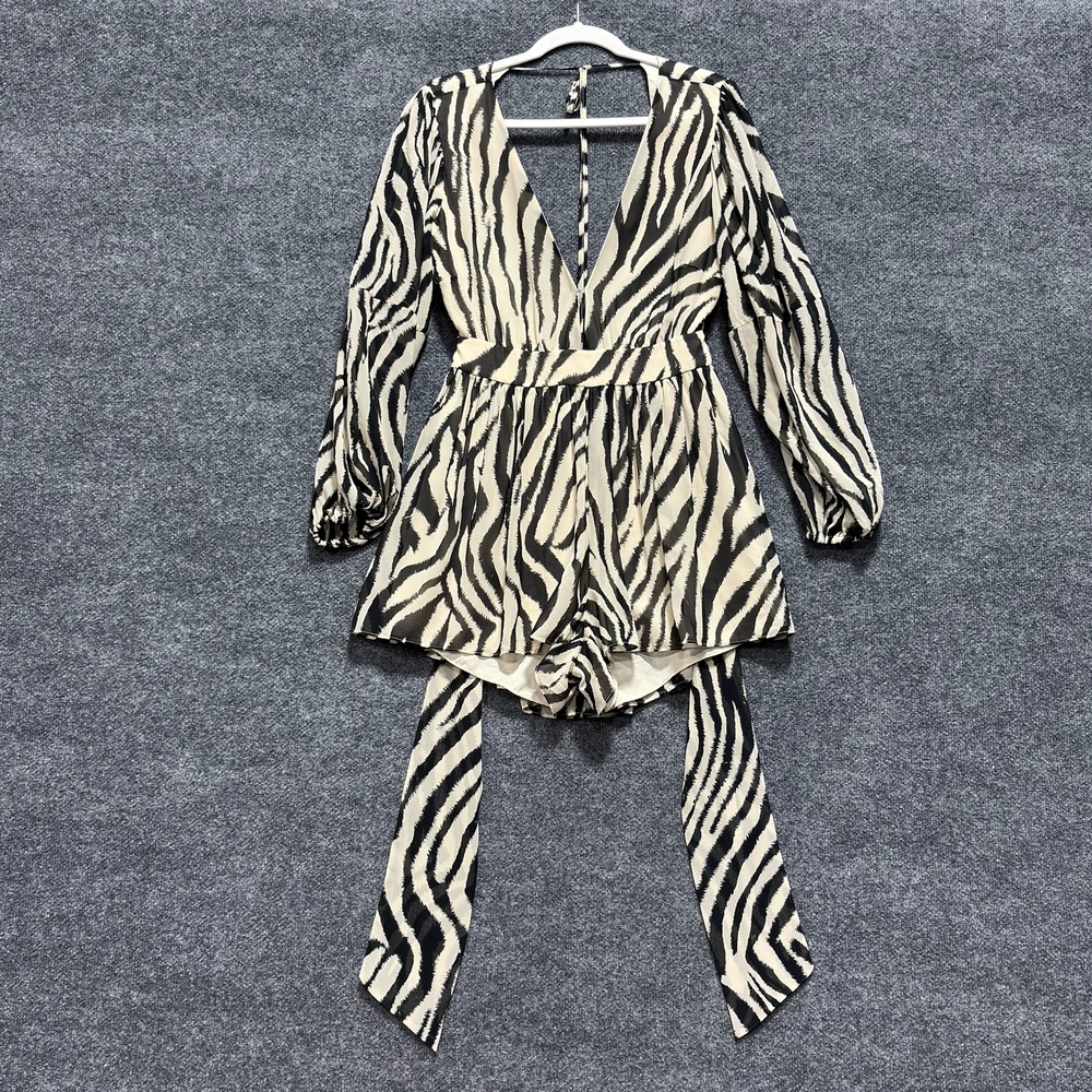 TOCCIN X RTR Romper Womens 8 Black Animal Print Long Sleeve Belted V Neck Party